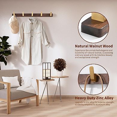 Wall Mounted Coat Rack Walnut Wood Rail 5 Rustic Hooks Entryway Organizer for Hat Bag Towel Key