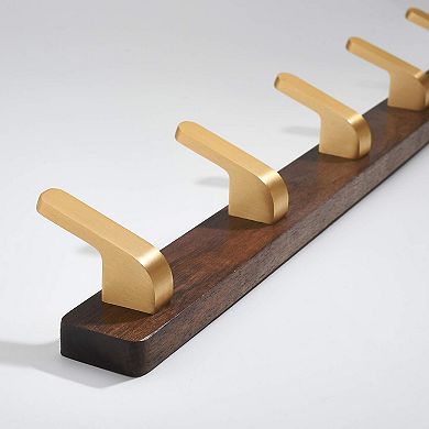 Wall Mounted Coat Rack Walnut Wood Rail 5 Rustic Hooks Entryway Organizer for Hat Bag Towel Key