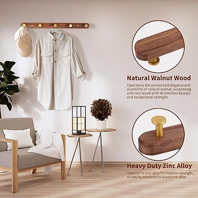 Wall Mounted Coat Rack 5 Hooks Walnut Wood Metal Rail Entryway Organizer
