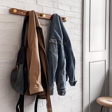 Wall Mounted Coat Rack 5 Hooks Walnut Wood Metal Rail Entryway Organizer