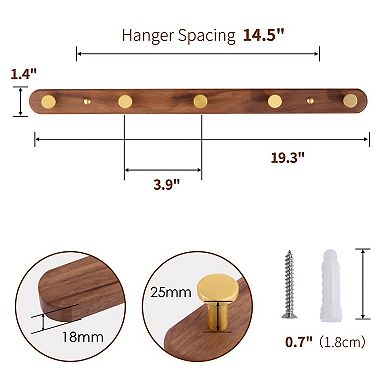 Wall Mounted Coat Rack 5 Hooks Walnut Wood Metal Rail Entryway Organizer
