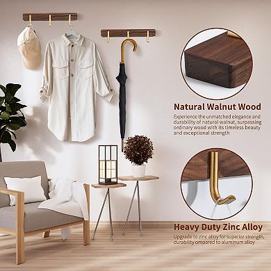 Wall Mounted Coat Rack Walnut Wood Metal Hooks Entryway Organizer for Hat Bag Towel Key 3 Hooks Rust