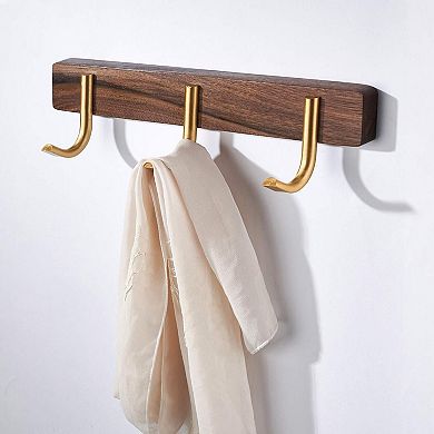 Wall Mounted Coat Rack Walnut Wood Metal Hooks Entryway Organizer for Hat Bag Towel Key 3 Hooks Rust