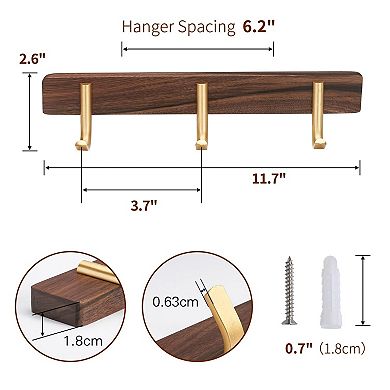 Wall Mounted Coat Rack Walnut Wood Metal Hooks Entryway Organizer for Hat Bag Towel Key 3 Hooks Rust