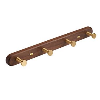 Wall Mounted Coat Rack Walnut Wood Rail with 4 Hooks for Entryway Hallway Bathroom Kitchen