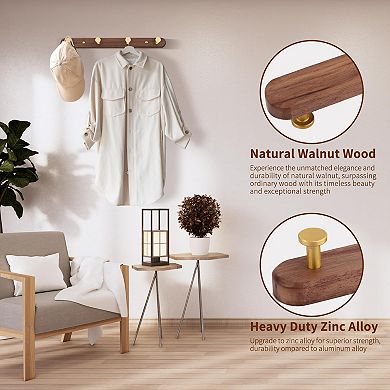 Wall Mounted Coat Rack Walnut Wood Rail with 4 Hooks for Entryway Hallway Bathroom Kitchen