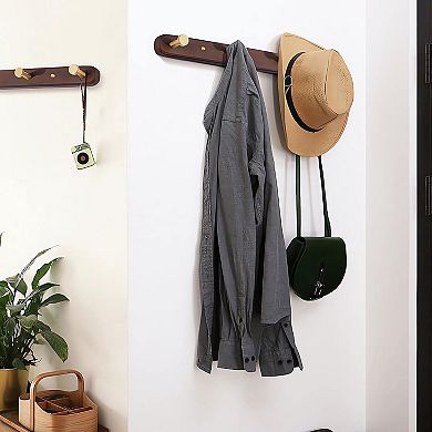 Wall Mounted Coat Rack Walnut Wood Rail with 4 Hooks for Entryway Hallway Bathroom Kitchen
