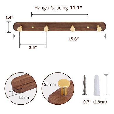 Wall Mounted Coat Rack Walnut Wood Rail with 4 Hooks for Entryway Hallway Bathroom Kitchen