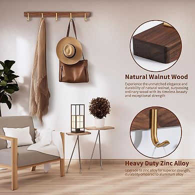 Wall Mounted Coat Rack Walnut Wood 5 Hooks Entryway Organizer for Hat Bag Key Scarf Towel