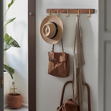 Wall Mounted Coat Rack Walnut Wood 5 Hooks Entryway Organizer for Hat Bag Key Scarf Towel
