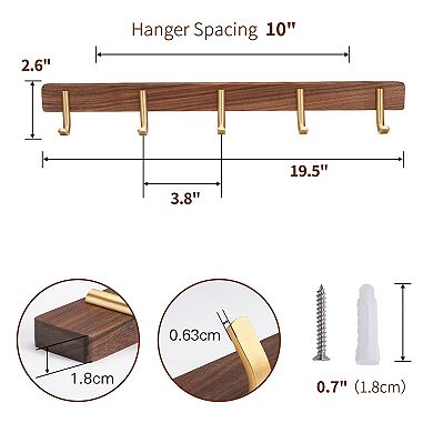 Wall Mounted Coat Rack Walnut Wood 5 Hooks Entryway Organizer for Hat Bag Key Scarf Towel