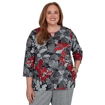 Plus Size Alfred Dunner Textured Floral Split Neck Pocket Top