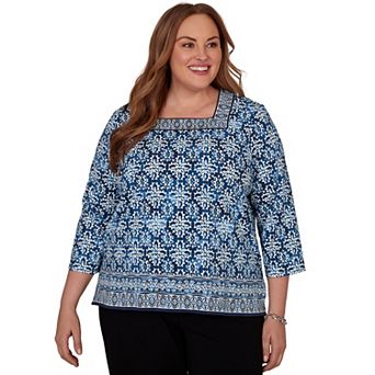 Plus Size Alfred Dunner Batik Tile Square Neck Top