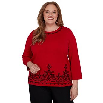 Plus Size Alfred Dunner Border Scroll Soutache 3/4 Sleeve Round Neck Sweater