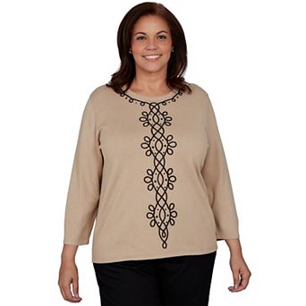 Plus Size Alfred Dunner Center Scroll Soutache Crewneck 3/4 Sleeve Sweater
