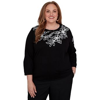 Plus Size Alfred Dunner Floral Scroll Soutache 3/4 Sleeve Crewneck Sweater