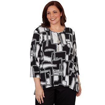 Plus Size Alfred Dunner Geo Boxes Puff Printed Top with Necklace