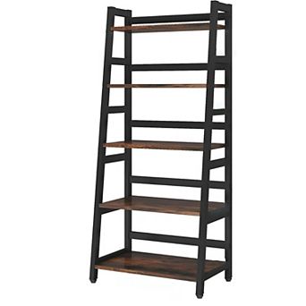 5 tier Ladder Bookshelf with Metal Frame, Wood Shelves Storage Rack for Living Room, Bedroom