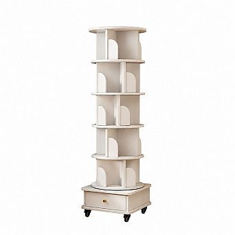 Tall Rotating Bookcase with Wheels and Drawer, 5 tier Round Storage Shelf for Bedroom or Living Room