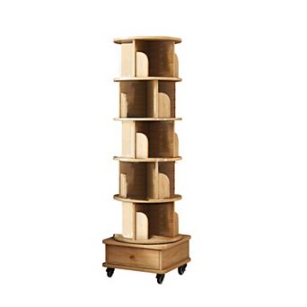 Tall Rotating Bookcase with Wheels and Drawer, 5 tier Round Storage Shelf for Bedroom or Living Room