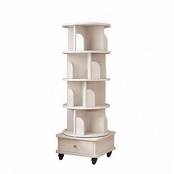 Rotating 5 tier Bookshelf with Drawer, Round Storage Tower with Wheels for Bedroom or Living Room