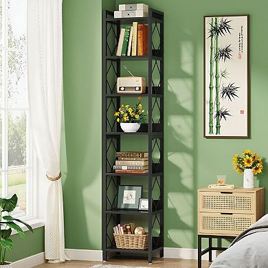 7 Tier Corner Bookcase, Tall Corner Shelving Unit with Metal Frame for Living Room
