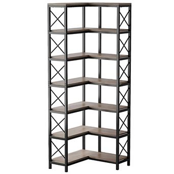 Tall Corner Bookcase with Metal Frame, 7 tier Storage Organizer for Home Office or Living Room