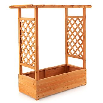 Outdoor Wooden Garden Planter with Trellis and Roof, Raised Planter Box for Vegetables, Vines