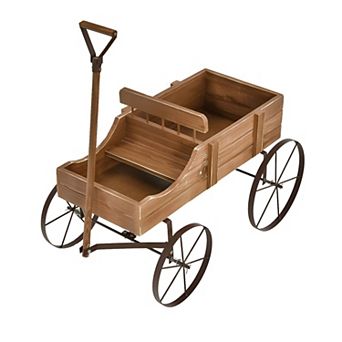 Decorative Wooden Wagon Planter Cart with Wheels Outdoor Flower Garden Planter for Patio Yard