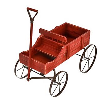 Decorative Wooden Wagon Planter Cart with Wheels Outdoor Flower Garden Planter for Patio Yard