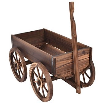 Wood Wagon Cart Planter Box with Wheels, Decorative Garden Flower Planter for Patio or Backyard