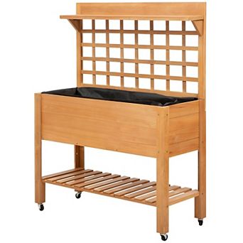 3 tier Raised Garden Planter with Wheels and Storage Shelves, Wooden Elevated Planter Bed for Patio