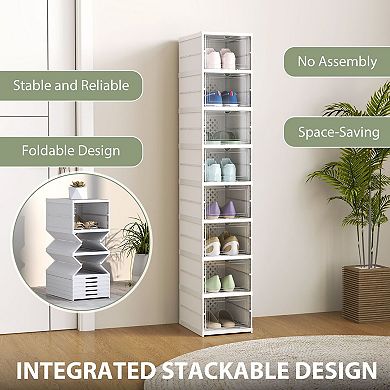 Stackable Shoe Storage Boxes 8 Tier Clear Front Drop Door Organizer