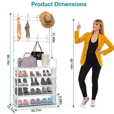 Entryway Hall Tree with Shoe Rack and Coat Hooks 5 Tier Shelves 8 Hooks