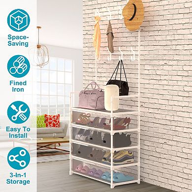 Entryway Hall Tree with Shoe Rack and Coat Hooks 5 Tier Shelves 8 Hooks