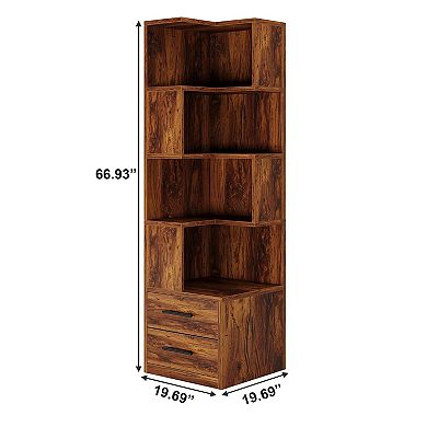 5 Tier Corner Bookshelf Organizer with Drawers Storage Unit for Living Room and Space Saving Storage