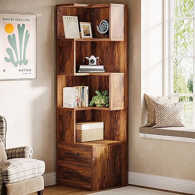 5 Tier Corner Bookshelf Organizer with Drawers Storage Unit for Living Room and Space Saving Storage