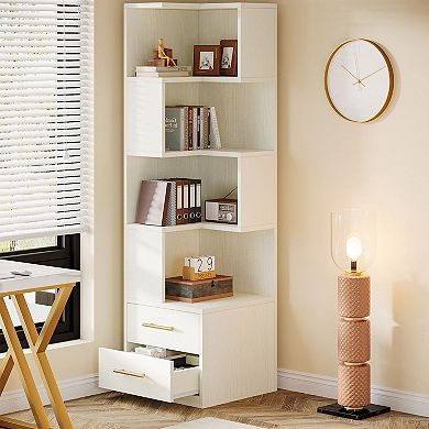 5 Tier Corner Bookshelf Organizer with Drawers Storage Unit for Living Room and Space Saving Storage