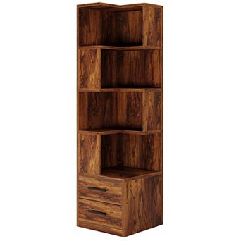 5 tier Corner Bookshelf Organizer with Drawers Storage Unit for Living Room and Space Saving Storage