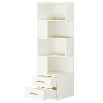 5 tier Corner Bookshelf Organizer with Drawers Storage Unit for Living Room and Space Saving Storage
