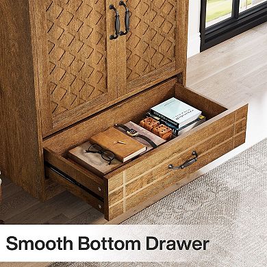 Tall Bookcase Storage Cabinet Wood Display Shelf with Doors and Drawers