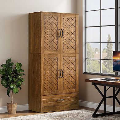 Tall Bookcase Storage Cabinet Wood Display Shelf with Doors and Drawers