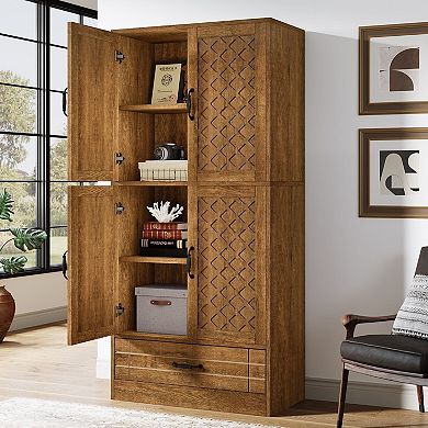 Tall Bookcase Storage Cabinet Wood Display Shelf with Doors and Drawers