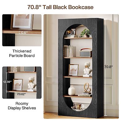 5 Shelf Arched Bookcase With Open Shelves For Living Room And Home Office Storage