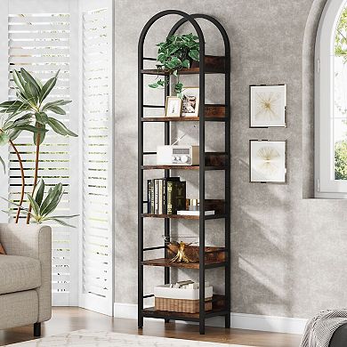 6 Tier Corner Storage Bookshelf With Arched Top And Adjustable Feet For Stable Placement