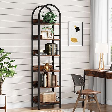 6 Tier Corner Storage Bookshelf With Arched Top And Adjustable Feet For Stable Placement