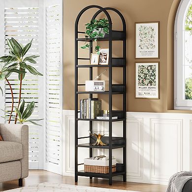 6 Tier Corner Storage Bookshelf With Arched Top And Adjustable Feet For Stable Placement