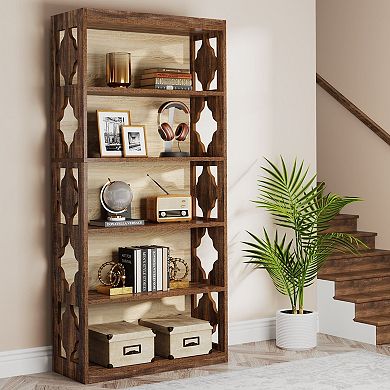 6 Tier Rhombus Pattern Bookcase With Open Shelves For Living Room And Office Storage