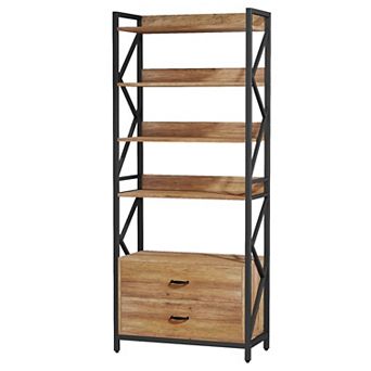 5 tier Storage Bookcase With Two Drawers Metal Frame And Engineered Wood For Home Use