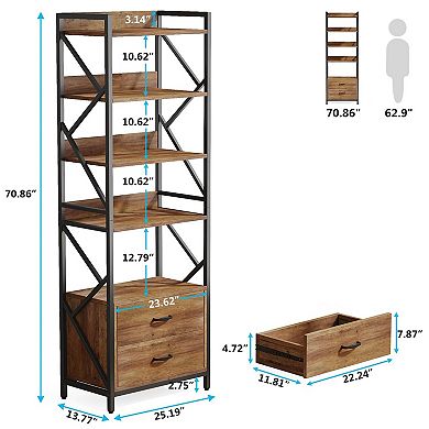 5 Tier Storage Bookcase With Two Drawers Metal Frame And Engineered Wood For Home Use
